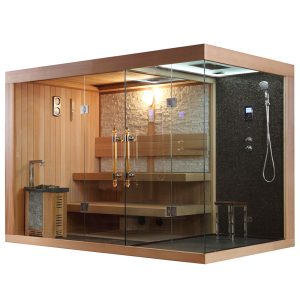 MUE-1388 Sauna sucha z piecem HARVIA 3 kW + Kabina prysznicowa z hydromasażem i funkcją pary 200X120X210CM