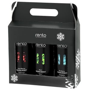 Zestaw RENTO 3x400 ml – naturalne fińskie zapachy do sauny: Eukaliptus, Brzoza, Arktyczna Jagoda w eleganckim opakowaniu prezentowym