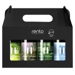 Zestaw RENTO 4x100 ml – naturalne fińskie olejki eteryczne do sauny: Wilderness Forest, Blue Hour, Aurora, Clear & Crisp, opakowanie prezentowe