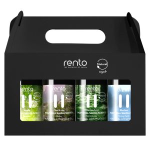 Zestaw RENTO 4x100 ml – naturalne fińskie olejki eteryczne do sauny: Wilderness Forest, Blue Hour, Aurora, Clear & Crisp, opakowanie prezentowe