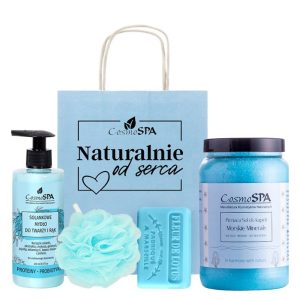 Zestaw kąpielowy CosmoSPA NIEBIESKI – sól, mydła + torebka GRATIS